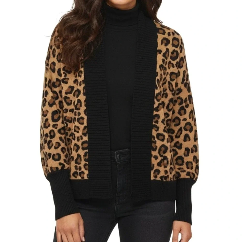 Tahari Cardigan Sweater Womens Small Tan Leopard Print Open Front Ribbed Trim